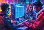 An eclectic digital painting of diverse musicians from various genres registering their unique .MUSIC domain names on futuristic holographic computers, showcasing a vibrant celebration of musical iden