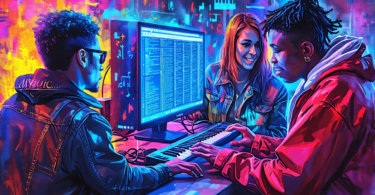 An eclectic digital painting of diverse musicians from various genres registering their unique .MUSIC domain names on futuristic holographic computers, showcasing a vibrant celebration of musical iden