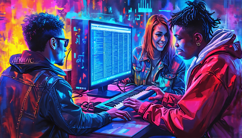 An eclectic digital painting of diverse musicians from various genres registering their unique .MUSIC domain names on futuristic holographic computers, showcasing a vibrant celebration of musical iden