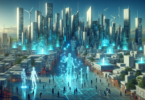 Create an image depicting a vibrant futuristic cityscape brimming with creative innovations enabled by Generative AI: towering skyscrapers with intricate, AI-designed architecture, artists using holog