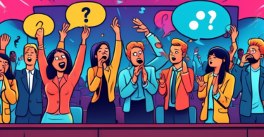 A press conference room filled with reporters raising their hands towards a nervous debut music group on stage, with thought bubbles containing question marks and critical emojis above the reporters' heads, in a colorful cartoon style.