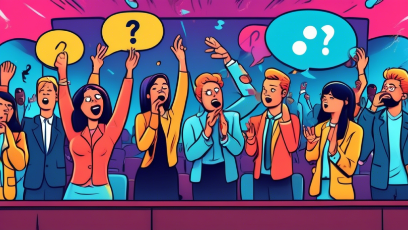 A press conference room filled with reporters raising their hands towards a nervous debut music group on stage, with thought bubbles containing question marks and critical emojis above the reporters' heads, in a colorful cartoon style.