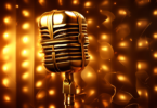 Visualize a stylish retro microphone enveloped in a golden light, with a pair of classic vinyl records and a kiss imprint glowing in the background, all set against a backdrop evoking a sultry, nostalgic ambiance.