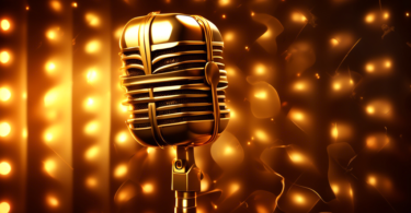 Visualize a stylish retro microphone enveloped in a golden light, with a pair of classic vinyl records and a kiss imprint glowing in the background, all set against a backdrop evoking a sultry, nostalgic ambiance.