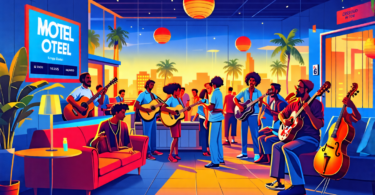 An artistic illustration of a vibrant, bustling Motel 6 lobby, filled with diverse musicians tuning instruments and sharing melodies, while a prominent poster announces a songwriting competition with