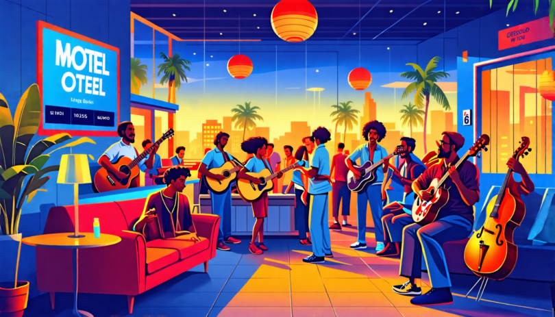 An artistic illustration of a vibrant, bustling Motel 6 lobby, filled with diverse musicians tuning instruments and sharing melodies, while a prominent poster announces a songwriting competition with