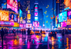 Create an artistic rendition of a vibrant and bustling city landscape at night, filled with neon signs and billboards advertising famous music venues and musicians. Include people with glowing headpho