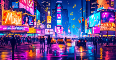 Create an artistic rendition of a vibrant and bustling city landscape at night, filled with neon signs and billboards advertising famous music venues and musicians. Include people with glowing headpho