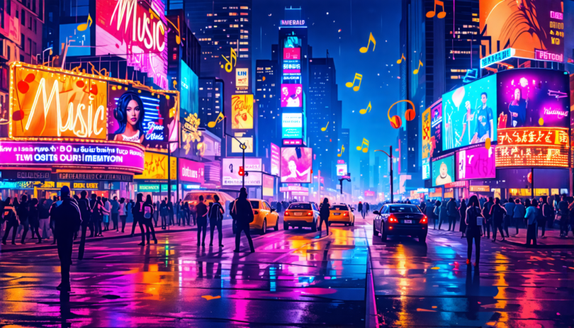 Create an artistic rendition of a vibrant and bustling city landscape at night, filled with neon signs and billboards advertising famous music venues and musicians. Include people with glowing headpho