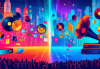 Digital illustration of a large, colorful fissure splitting a concert stage with one side showcasing traditional music industry symbols like vinyl records and gramophones, and the other side filled wi