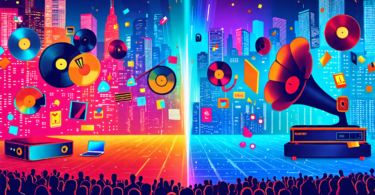 Digital illustration of a large, colorful fissure splitting a concert stage with one side showcasing traditional music industry symbols like vinyl records and gramophones, and the other side filled wi