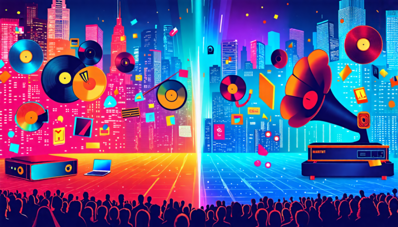 Digital illustration of a large, colorful fissure splitting a concert stage with one side showcasing traditional music industry symbols like vinyl records and gramophones, and the other side filled wi