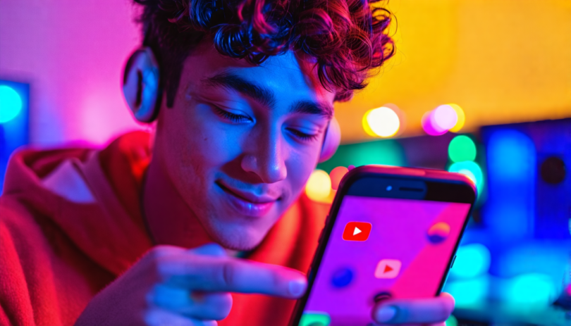 An enthusiastic young musician uploading a series of three engaging and colorful YouTube Shorts to a smartphone, each showcasing different genres, with vibrant visual effects that pop off the screen i