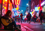 An evocative scene of a crowded, dimly-lit city street at night, with numerous small music venues lining both sides. In the foreground, an independent musician, a young woman with an acoustic guitar a