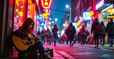 An evocative scene of a crowded, dimly-lit city street at night, with numerous small music venues lining both sides. In the foreground, an independent musician, a young woman with an acoustic guitar a