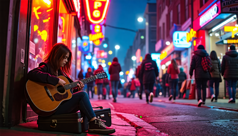 An evocative scene of a crowded, dimly-lit city street at night, with numerous small music venues lining both sides. In the foreground, an independent musician, a young woman with an acoustic guitar a