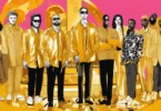 An illustrated group portrait of artists from the top music label standing together with gold records and a large billboard in the background displaying 'MelOn 100' chart with their songs dominating the top 10.