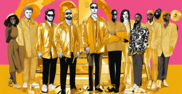 An illustrated group portrait of artists from the top music label standing together with gold records and a large billboard in the background displaying 'MelOn 100' chart with their songs dominating the top 10.