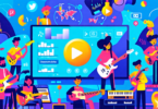 An animated collage of diverse musicians from various genres each recording short video clips with their instruments in a high-tech, modern studio setup, surrounded by digital icons of social media re