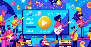 An animated collage of diverse musicians from various genres each recording short video clips with their instruments in a high-tech, modern studio setup, surrounded by digital icons of social media re