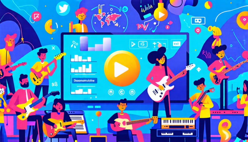 An animated collage of diverse musicians from various genres each recording short video clips with their instruments in a high-tech, modern studio setup, surrounded by digital icons of social media re