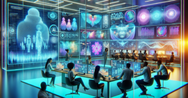 Create an image of a modern high-tech studio where AI algorithms are visualized on large transparent screens, analyzing various types of media like movies, music, and video games. In the background, a