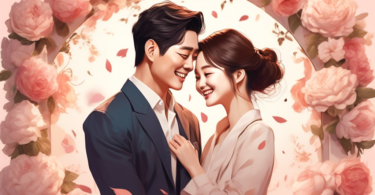 Create an image of a joyful and loving celebrity couple from a K-Drama, showcasing their genuine emotions and connection, evoking feelings of romance, happiness, and hope.