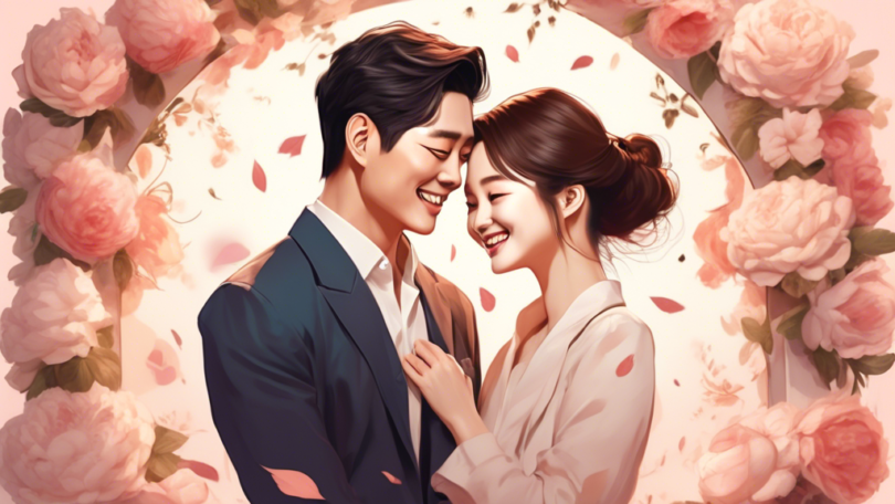 Create an image of a joyful and loving celebrity couple from a K-Drama, showcasing their genuine emotions and connection, evoking feelings of romance, happiness, and hope.