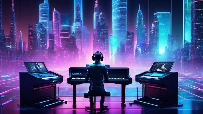 Create a futuristic scene where musicians and filmmakers collaborate seamlessly using advanced AI technology. Highlight holographic displays showing sync licenses being generated instantly, digital music notes blending with video clips, and a dynamic cityscape backdrop to represent the vibrant media industry. Incorporate elements like robots, AI interfaces, and creative professionals working harmoniously in a high-tech environment.