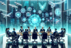 Create an illustration of a modern, high-tech roundtable discussion featuring diverse industry leaders. The setting is a futuristic conference room with holographic displays and advanced AI technology