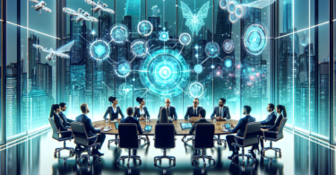 Create an illustration of a modern, high-tech roundtable discussion featuring diverse industry leaders. The setting is a futuristic conference room with holographic displays and advanced AI technology