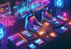 Depict a modern and colorful scene, showing 2 DJs producing music in a studio for a new music release. DJ 1 is a Caucasian, medium-built female with dark hair, representing a globally popular DJ. DJ 2 is a tall, blond, Scandinavian male trance artist. They are surrounded by electronic decks, mixers, and synthesizers, all glowing under the neon lights of the studio. This image should send the message through visuals only, with no text.