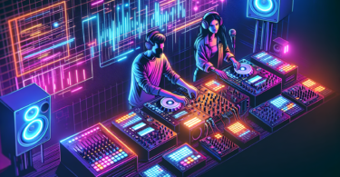 Depict a modern and colorful scene, showing 2 DJs producing music in a studio for a new music release. DJ 1 is a Caucasian, medium-built female with dark hair, representing a globally popular DJ. DJ 2 is a tall, blond, Scandinavian male trance artist. They are surrounded by electronic decks, mixers, and synthesizers, all glowing under the neon lights of the studio. This image should send the message through visuals only, with no text.