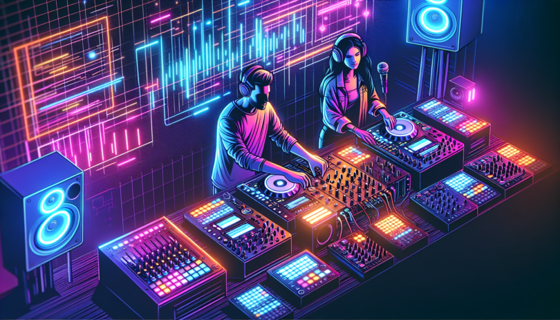 Depict a modern and colorful scene, showing 2 DJs producing music in a studio for a new music release. DJ 1 is a Caucasian, medium-built female with dark hair, representing a globally popular DJ. DJ 2 is a tall, blond, Scandinavian male trance artist. They are surrounded by electronic decks, mixers, and synthesizers, all glowing under the neon lights of the studio. This image should send the message through visuals only, with no text.