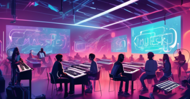 An ethereal digital art piece showcasing SLANDER in a futuristic classroom, surrounded by eager students with musical instruments and laptops, illuminating under a banner that reads 'Full-Ride Music Production Scholarships to ICON Collective'.