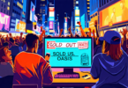 Digital illustration of frustrated music fans staring at a computer screen displaying sold out US Oasis concert tickets, while scalpers celebrate in the background, in a busy urban setting at night.