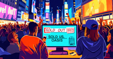 Digital illustration of frustrated music fans staring at a computer screen displaying sold out US Oasis concert tickets, while scalpers celebrate in the background, in a busy urban setting at night.