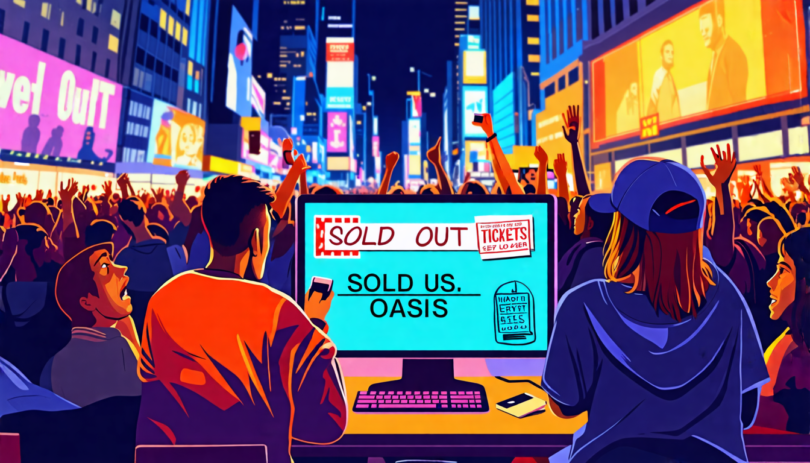 Digital illustration of frustrated music fans staring at a computer screen displaying sold out US Oasis concert tickets, while scalpers celebrate in the background, in a busy urban setting at night.