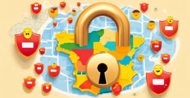 Digital illustration of a large, animated padlock superimposed over the Telegram app icon with a colorful map of Spain in the background, surrounded by emojis of faces showing surprise and relief.