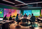 An image depicting a vibrant, modern office setting with a team of diverse marketing professionals brainstorming and strategizing around a large table. Laptops, charts, and paper notes are scattered a