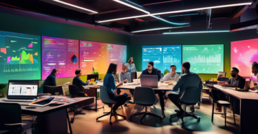 An image depicting a vibrant, modern office setting with a team of diverse marketing professionals brainstorming and strategizing around a large table. Laptops, charts, and paper notes are scattered a