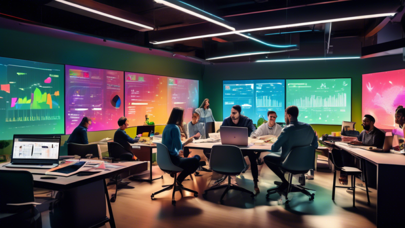 An image depicting a vibrant, modern office setting with a team of diverse marketing professionals brainstorming and strategizing around a large table. Laptops, charts, and paper notes are scattered a