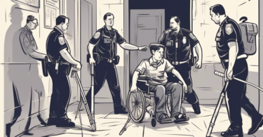 Create an image of a student in a wheelchair holding a pair of crutches, with police officers handcuffing him. The background should show a school hallway with shocked onlookers and a sense of chaos.
