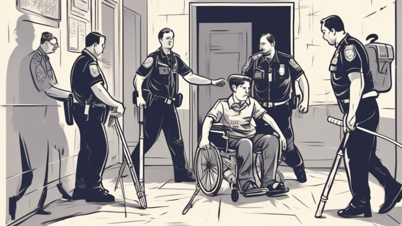 Create an image of a student in a wheelchair holding a pair of crutches, with police officers handcuffing him. The background should show a school hallway with shocked onlookers and a sense of chaos.