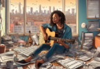 A detailed digital illustration of a talented songwriter sitting in a small, cluttered apartment, strewn with musical notes, instruments, and unfinished lyrics. The songwriter has a contemplative expr