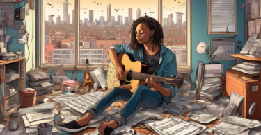 A detailed digital illustration of a talented songwriter sitting in a small, cluttered apartment, strewn with musical notes, instruments, and unfinished lyrics. The songwriter has a contemplative expr