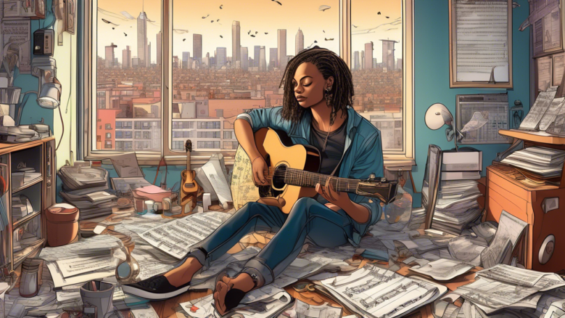 A detailed digital illustration of a talented songwriter sitting in a small, cluttered apartment, strewn with musical notes, instruments, and unfinished lyrics. The songwriter has a contemplative expr