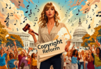 Digital artwork depicting Taylor Swift confidently standing outside the U.S. Capitol, holding a gavel and a large scroll labeled 'Copyright Reform', surrounded by cheering diverse musicians and artist