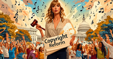 Digital artwork depicting Taylor Swift confidently standing outside the U.S. Capitol, holding a gavel and a large scroll labeled 'Copyright Reform', surrounded by cheering diverse musicians and artist