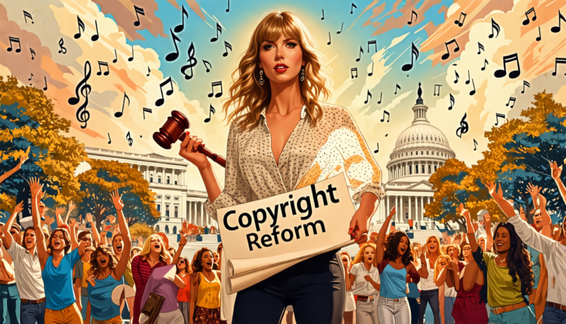 Digital artwork depicting Taylor Swift confidently standing outside the U.S. Capitol, holding a gavel and a large scroll labeled 'Copyright Reform', surrounded by cheering diverse musicians and artist